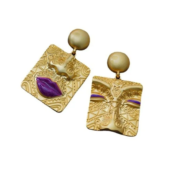 Gold Face Earrings Purple‎ Accent Statement Earrings Women's Jewelry - Picture 5 of 5